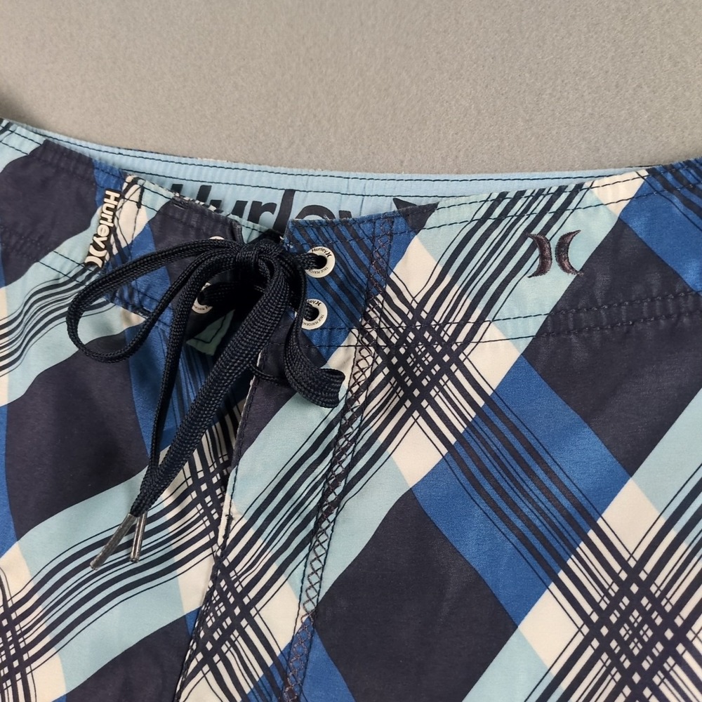 Vtg Hurley Mens Sz L Plaid Board Short Blue Swim Trunks Tie Waist 21" Length - Picture 2 of 5